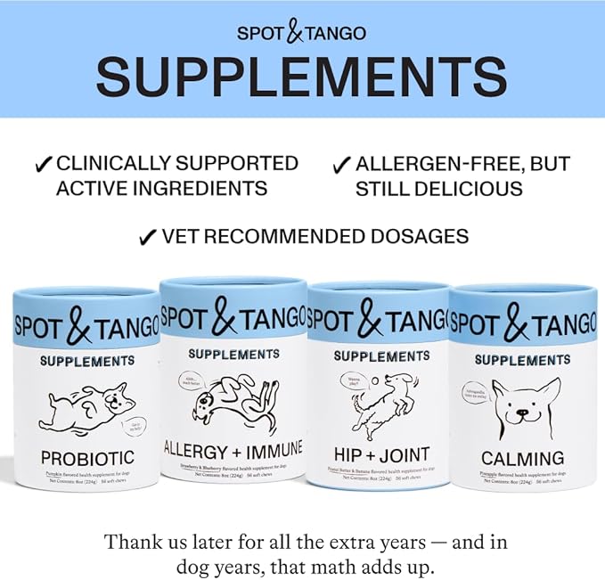 Spot & Tango Probiotics Supplements for Dogs - Vet-Approved for Healthy Digestion and Balanced Gut - Pumpkin, Turmeric, Chicory Root, Black Pepper, Nine-Strain Probiotic Blend, 56 Count