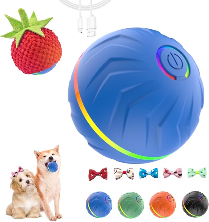Interactive Dog Toys Dog Ball,Anti Boredom Dog Toys,Durable Motion Activated Automatic Rolling Toys for Small/Medium Dogs,Moving Ball for Dogs to Keep Them Busy,Dog Bows,Fruity Plush Covers(Blue)