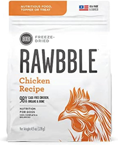 BIXBI Rawbble Freeze Dried Dog Food, Chicken Recipe, 4.5 oz - 98% Meat and Organs, No Fillers - Pantry-Friendly Raw Dog Food for Meal, Treat or Food Topper - USA Made in Small Batches