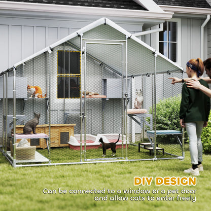 95" Extra Large Metal Outdoor Catio with Waterproof Cover, 2 Resting Boxes, 7 Jumping Platforms, for Multiple Cats