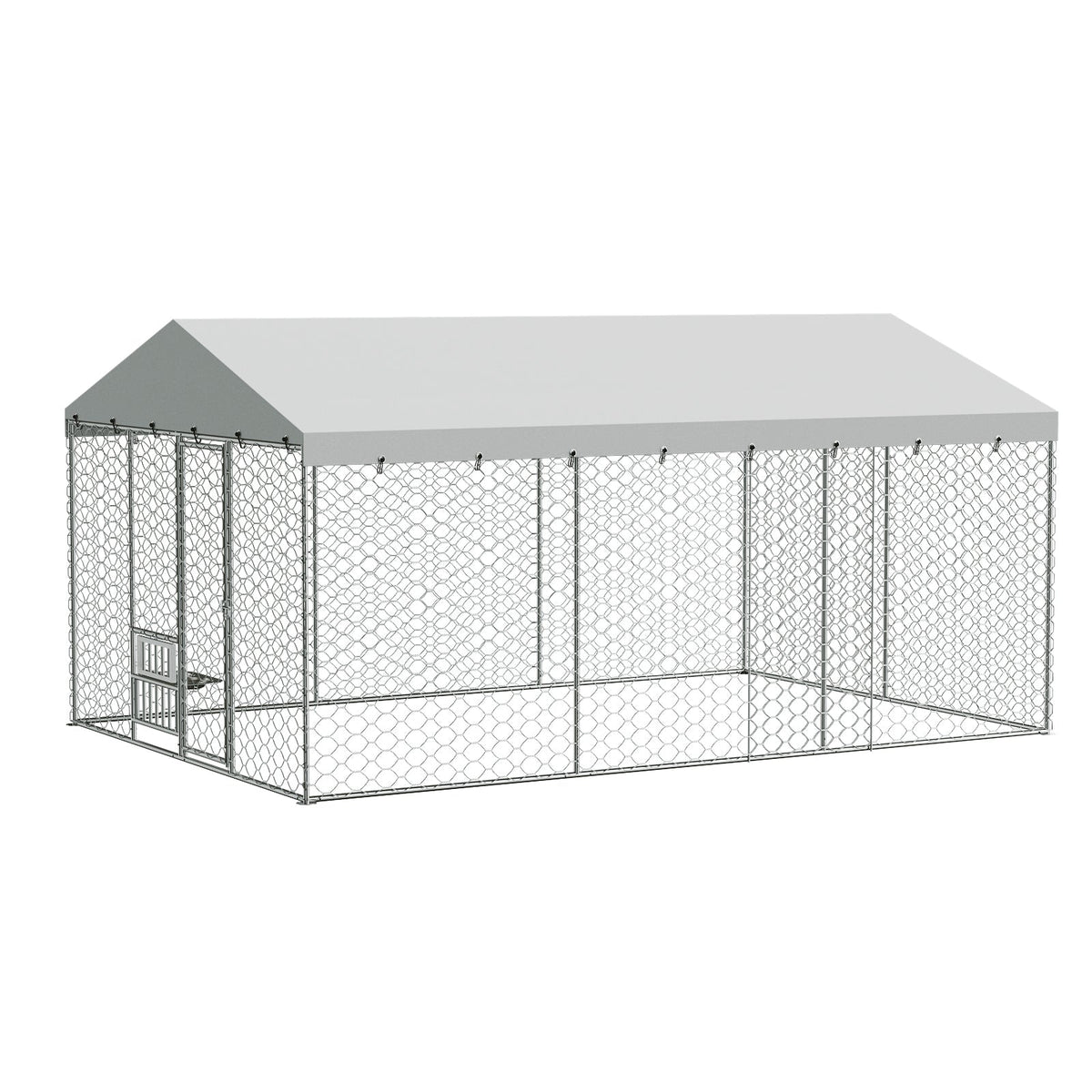 15x10 FT Large Outdoor Dog Kennel with Canopy, Heavy Duty Galvanized Steel Frame, Waterproof Cover, Built-in Elevated Feeding Bowls, Escape-Proof Lockable Pet Playpen for Large Dogs & Multiple Animal