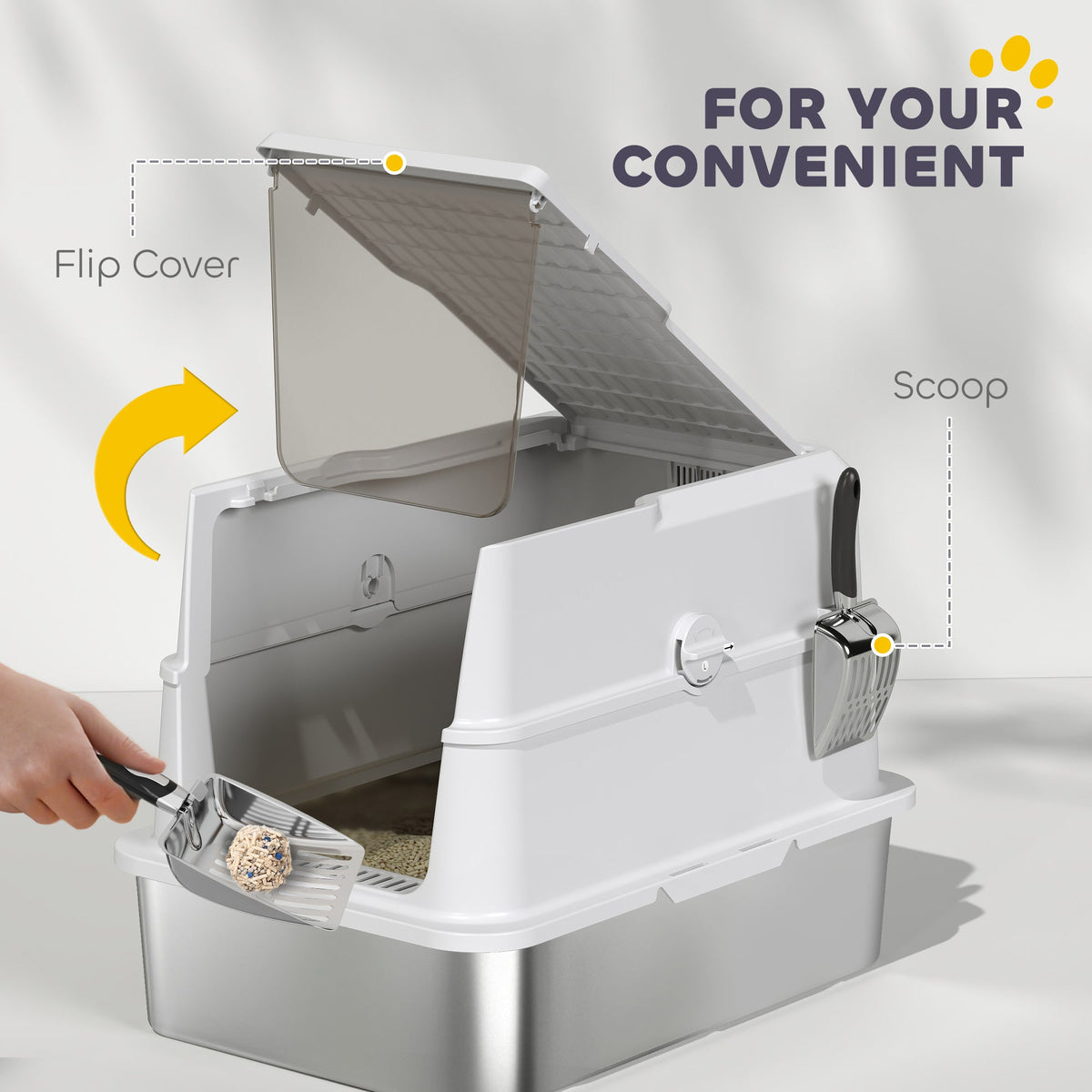 Extra Large Stainless Steel Cat Litter Box for Big Cats with Flip Cover, High-Sided Enclosure & Scoop
