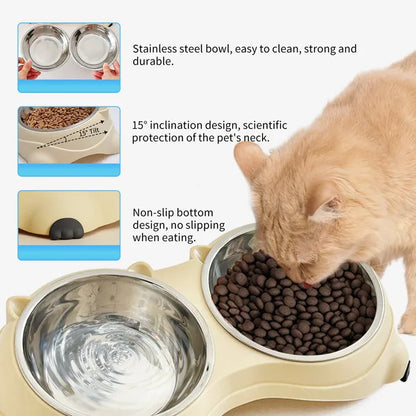 Anti Slip Base Double Cat Food Bowl, Gray Stainless Steel Food And Water Bowl, Easy To Clean And Detachable Design, Cat And Dog Pet Feeder