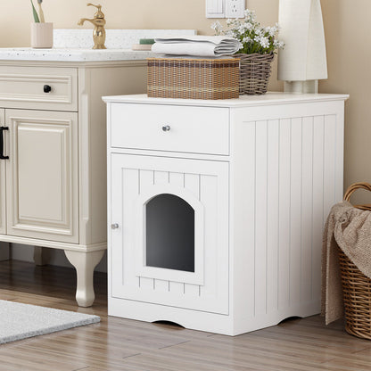White Wooden Cat Litter Box Enclosure W Drawer & Side Table, Indoor Pet Crate Nightstand For Home