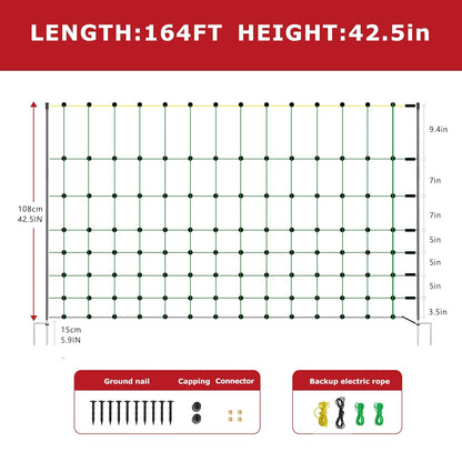 Electric Fence Netting, 164'L x 42.5" H Electric Fence Kit for Livestock, Goat, 14 Posts Double Spiked Portable Electric Poultry Farm Fence