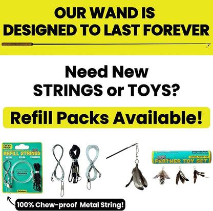Forever Stick and 3 Strings including Chew Proof Metal Wire - The Unbreakable Cat Wand Toy, Durable Cat Toy Wand, Extra Long Cat String Toy, Cat Fishing Pole Toy for Bored Indoor Adult Cats, Stick Toy