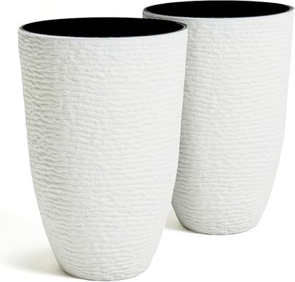 Worth Garden 2-Pack 21" H. White Tall Planters - 14'' Dia Resin Large Round Flower Pots for Outdoor Plants Trees - Imitation Stone Finish Plastic Indoor Front Porch 9 Gallon Decorative Container Patio