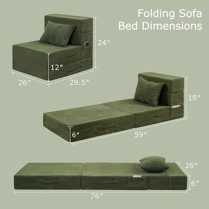 HILERO Folding Sofa Bed, 4 in 1 Convertible Sleeper Chair with Pillow, Single Memory Foam Fold Out Chair Bed, Modern Floor Futon Sofa Couch Mattress for Living Room/Guest/Apartment, Green