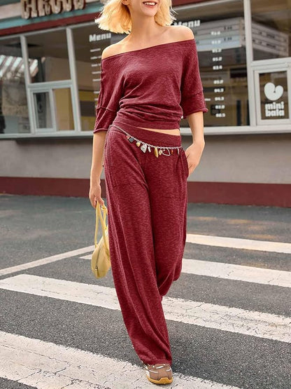 Tankaneo Women's 2 Piece Travel Outfits Casual Short Sleeve Knit Sweater Set Wide Leg Pants Lounge Sets Tracksuit
