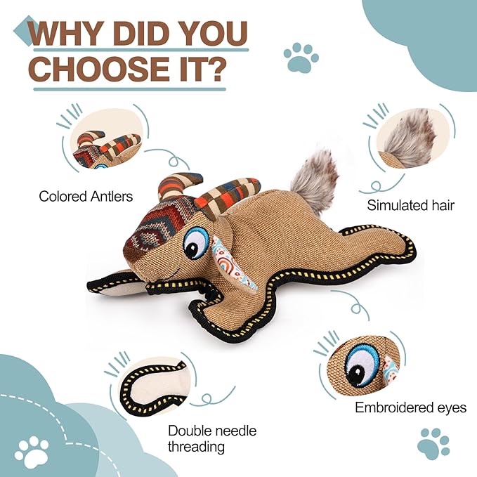 Tough Durable Squeaky Dog Toys for Aggressive chewers Interactive to Keep Them Busy, Funny Plush Dogs Toy for Small Medium Large Chewer Cute Birthday Gift (Antelope)