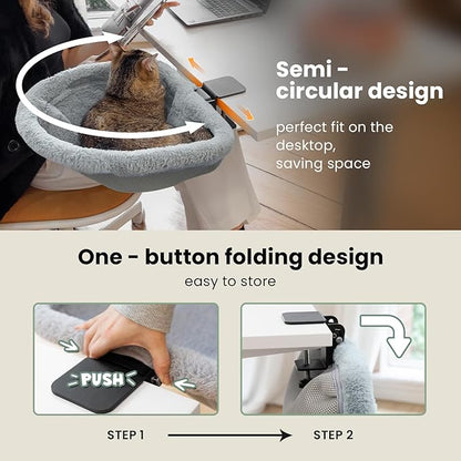 Cat Desk Bed - One-Click Folding,Sunken Design & Space-Saving Semi-Circular Cat Bed, Soft Faux Rabbit Fur Material, Suitable for Various Desktops-Maximum Hold Up to 40lb