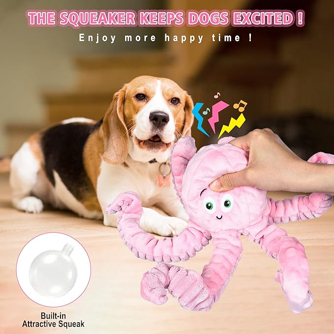 Dog Squeaky Toys Octopus - Tough Plush Large Medium & Small Dog Toys - Stuffed Animals Puppy Toys (Octopus Pink)