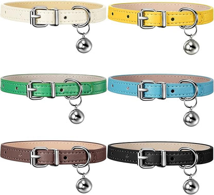 Weewooday 6 Pieces Leather Cat Collar with Bell Cute Pet Leather Kitten Collar for Boy Girl Cats with Safety Elastic Strap for Small Kitten Puppy(Fresh Color)