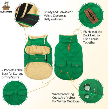 Queenmore Warm Dog Coat, Cold Weather Puffer Dog Coat Vest, Quilting Winter Pet Jacket Ultra Thick Plush Fleece Lining Pet Clothes for Dogs with Storage Pockets (Forest Green, X-Small)