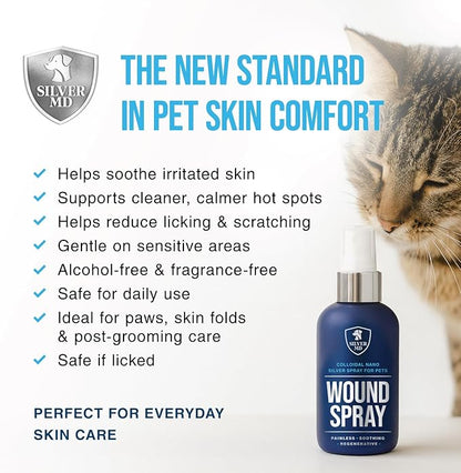 Wound Spray for Dogs, Cats & Pets, 8 Oz., Nano Silver Hot Spot Itch Relief for Irritation, Minor Wounds, Cuts & Daily Care, Alcohol & Fragrance Free No-Sting Clean Formula for Sensitive Skin