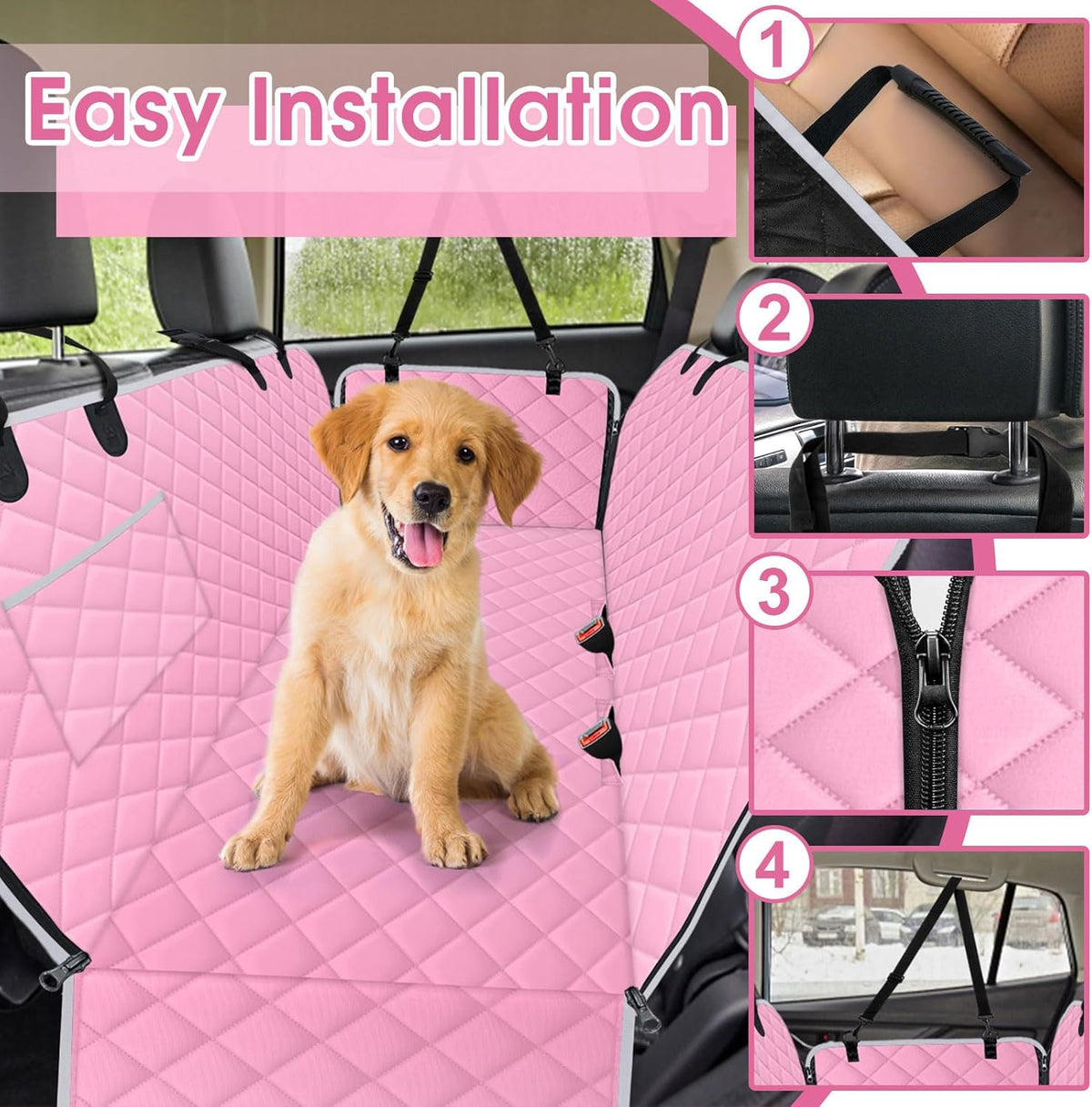 Waterproof Dog Car Seat Cover for Back Seat - Durable, Scratch Proof Pet Hammock with Nonslip Design & Storage Pockets, Fits Cars, SUVs, Trucks - S, Pink/Grey
