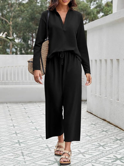 Imily Bela Womens 2 Piece Outfits Sweatsuit Long Sleeve Lapel V Neck Shirt and Wide Leg Pants 2025 Fall Trendy Tracksuit