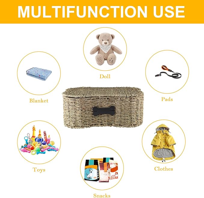 Seagrass Wicker Baskets for Dog Toys,Bone Shaped Dog Toy Bin with Lid,Personalized Dog Toy Organizer Boxes for Living Room,Farmhouse Handmade Pet Dog Storage,Dog Stuff Organizer