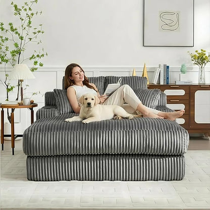 Asukale 60" Oversized Chaise Lounge Chair Indoor, Boneless Cloud Chair Bed with 4 Pillows & Armrests, No Assembly Corduroy Upholstered Sofa for Living Room, Bedroom, Apartment(Dark Grey)