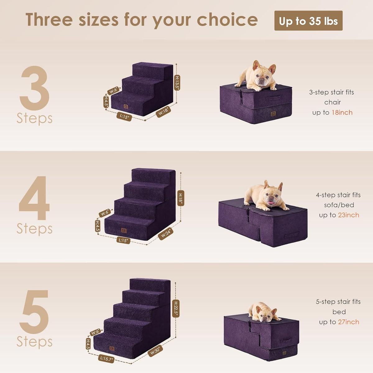 EHEYCIGA Dog Stairs for Bed 18" H, 4-Step Dog Steps for High Bed, Pet Steps for Small Dogs and Cats, Non-Slip Balanced Pet Ramp Indoor, Purple