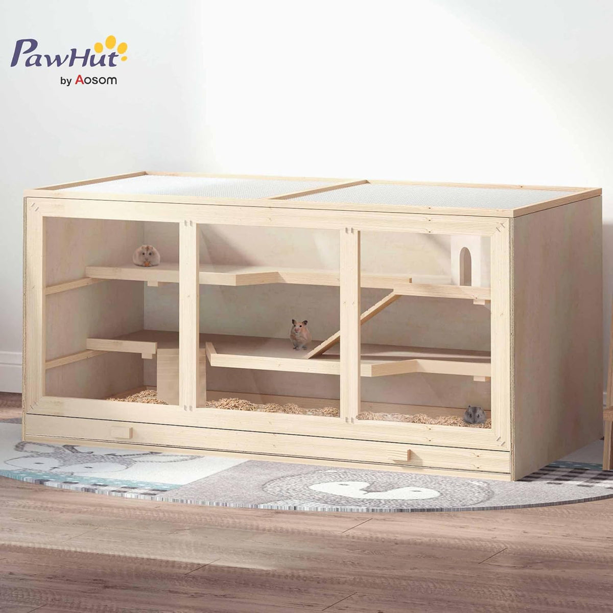 PawHut 45" Extra Large Wooden Hamster Cage, 3-Layer Chewproof Rat Cage with Opening Roof, Hut, Ramps, for Gerbil, Dwarf & Syrian Hamsters, Natural