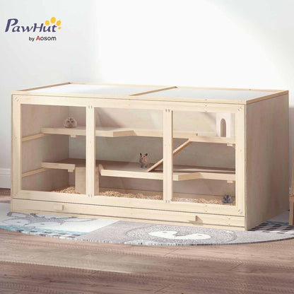 PawHut 45" Extra Large Wooden Hamster Cage, 3-Layer Chewproof Rat Cage with Opening Roof, Hut, Ramps, for Gerbil, Dwarf & Syrian Hamsters, Natural