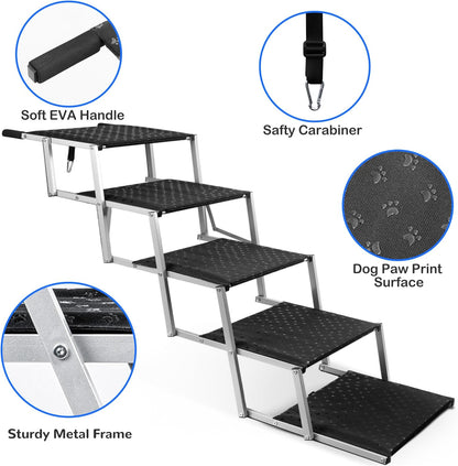 Niubya Portable Folding Dog Stairs for Cars, SUVs, Trucks - Lightweight Pet Ramp for Large Dogs with Non-Slip Surface - Reinforced Steps Support Up to 200 lb, 5 Steps