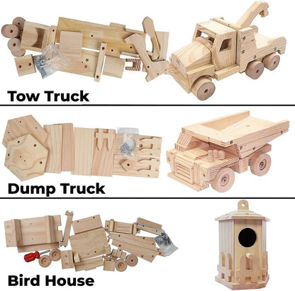 Kraftic Woodworking Building Kit for Kids and Adults, with 3 Educational DIY Carpentry Construction Wood Model Kit Toy Projects for Boys and Girls - Tow Truck, Birdhouse and Dump Truck