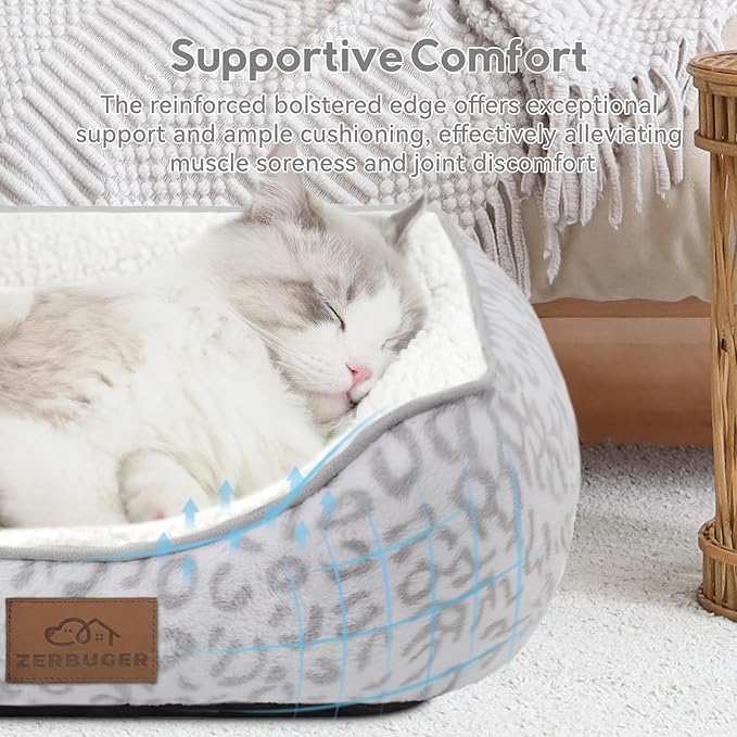 Rectangle Cat Dog Bed for Large Medium Small Pets Indoor Outdoor Machine Washable Sleeping Sofa Non-Slip Bottom Soft Puppy Bed Durable Orthopedic Calming Pet Cuddler (Small, White Leopard)