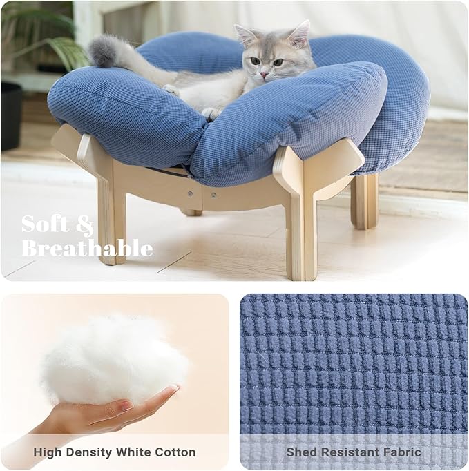 CHEERHOME PETS Elevated Cat Bed Wooden with Cushion Fluffy Pet Couch Sofa for Indoor Cats Raised Kitty Lounge Chair Suitable for Puppy, Cat Furniture(Deep Blue)