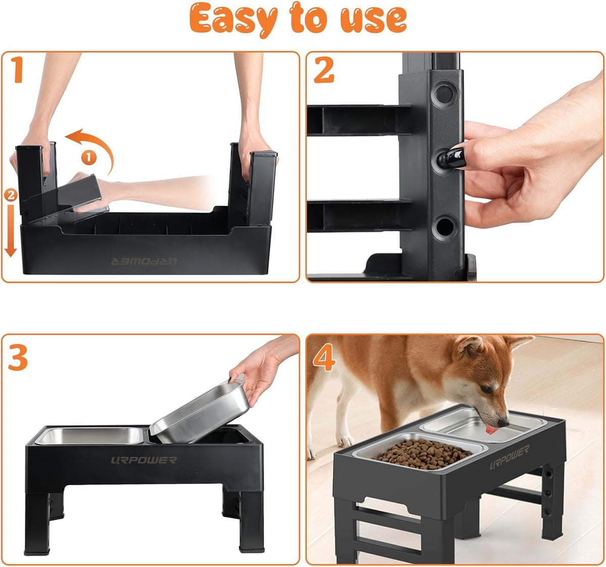 URPOWER Elevated Dog Bowls 4 Height Adjustable Raised Stand with 2 Large Stainless Steel Dog Food and Water Bowl for Small, Medium, Large Dogs and Pets
