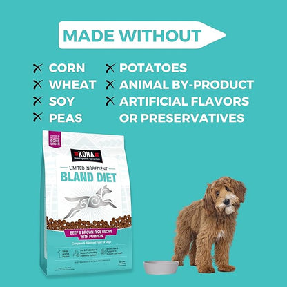 KOHA Limited Ingredient Bland Diet Dry Food for Dogs - Beef & Brown Rice Recipe, Sensitive Stomach Dog Food - Pumpkin for Digestive Support, 20 lbs