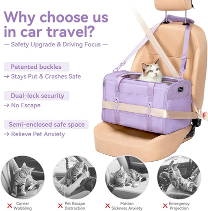 PETSFIT Soft-Sided Cat Carriers & Car Seats with Patent Safe Buckles, Clip-On Harness, 18"x11"x11" Airline Approved Pet Carrier - 9 lbs Capacity (Purple)