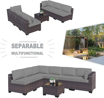 Kullavik 7 Pieces Outdoor Patio Furniture Set,Sectional Rattan Sofa Set Brown PE Rattan Wicker Patio Conversation Set with Tempered Glass Coffee Table and Washable Cushions Covers,Grey