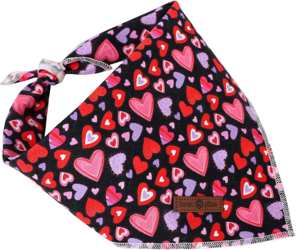 Lionet Paws Valentine Dog Bandana for Small Medium Dogs,Pink Hearts Black Kerchief Washable Dog Triangle Bibs Scarf for Girl or Boy Gift