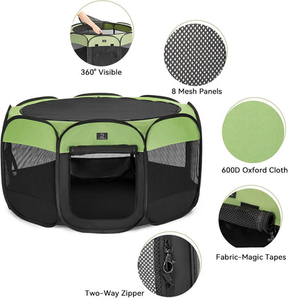 A4Pet Portable Pet Playpen, 49” Pop Up Dog Playpen with Bowl, Suitable for Puppies, Kittens, and Small Animals, Removable Zipper & Mesh Panel(19”W × 12”H)
