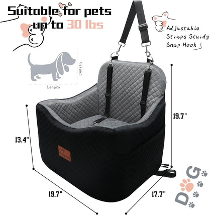 Dog Car Seat for Small Medium Dogs-Safety and Comfy Pet Booster Carseats with 2 Clip-On Satebelt & Storage Pockets,Washable and Detachable Puppy Car Seat for Dogs up to 30 lbs.(H-Black/Grey)