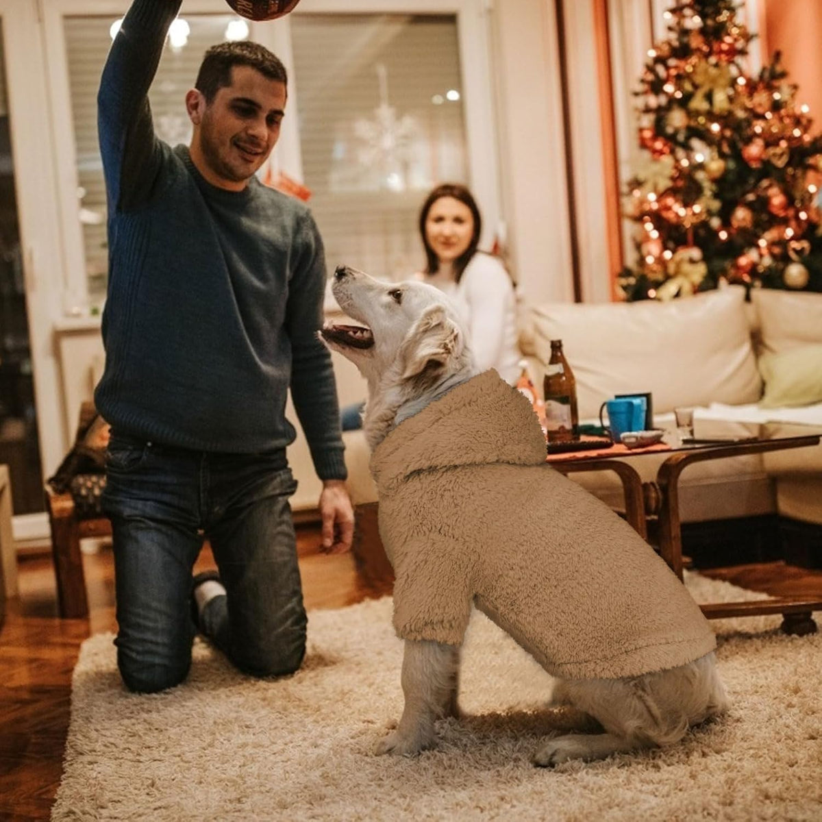 Fuzzy Dog Sweaters for Large Dogs Pet Hoodie Clothes Warm Soft Pet Coats Hooded Sweatshirt Dog Sweaters for Extra Large Dogs(Coffee-XXL)
