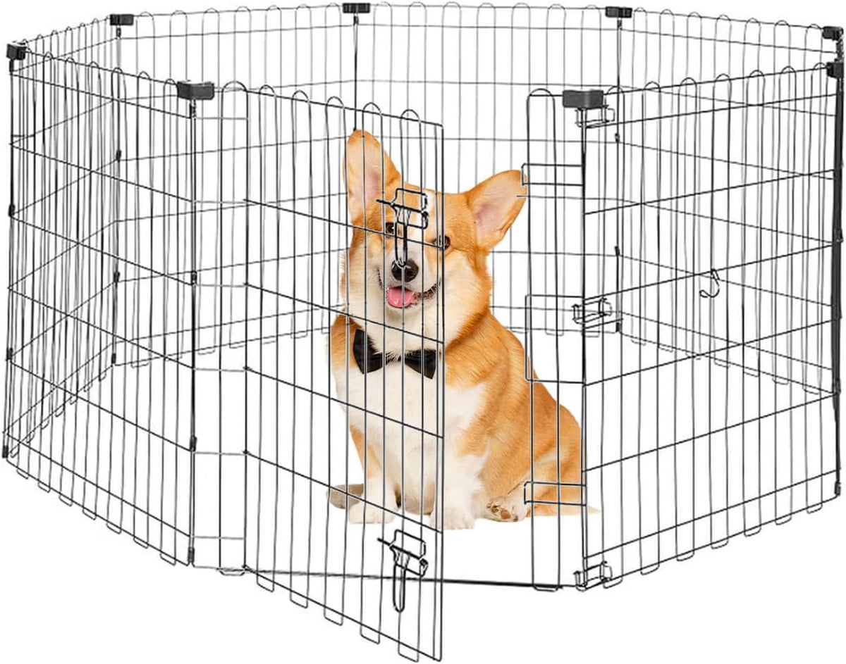 Foldable Dog Playpen 30" Height 8 Panels Metal Exercise Pen with Door - Indoor/Outdoor Puppy Playpen for Small Dogs, Portable Pet Fence for Yard Garden Camping, Black