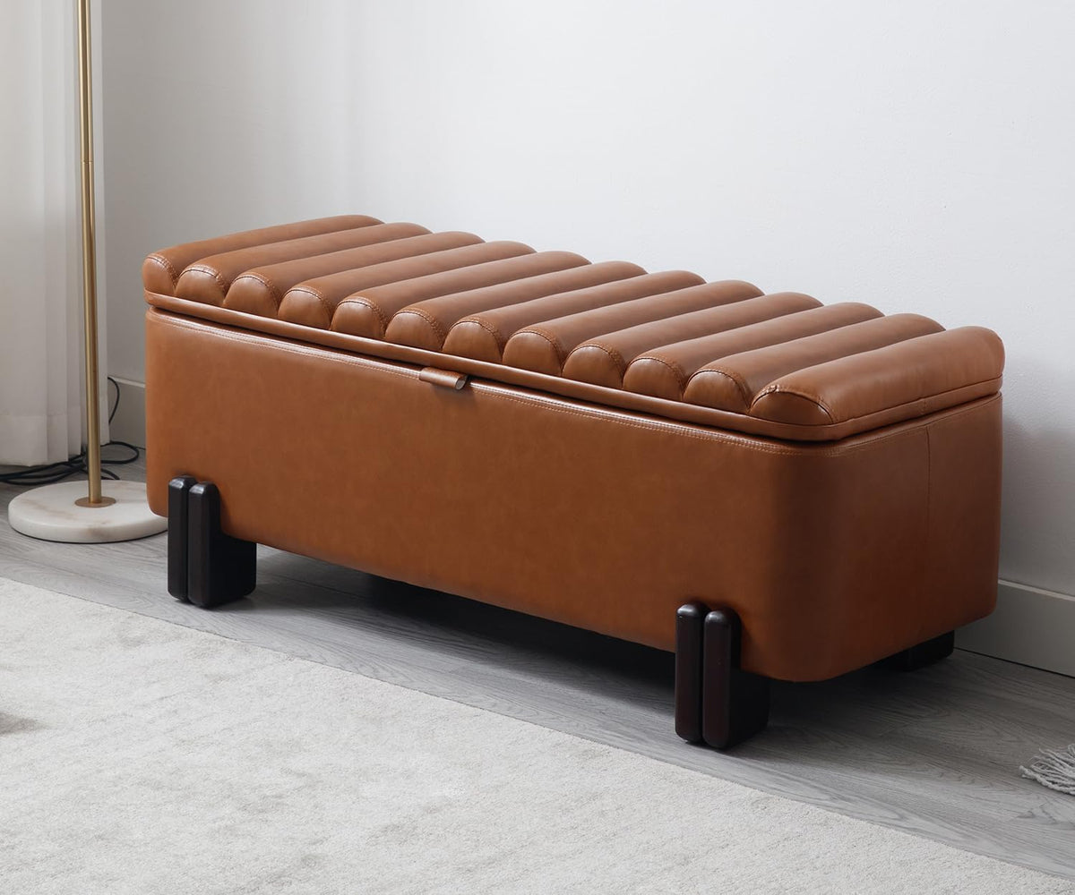 Kmax 45" Storage Bench PU Leather Entryway Bench Upholstered Ottoman Bench with Wavy Top & Safty Hinge for Bedroom Living Room Hallway, Brown