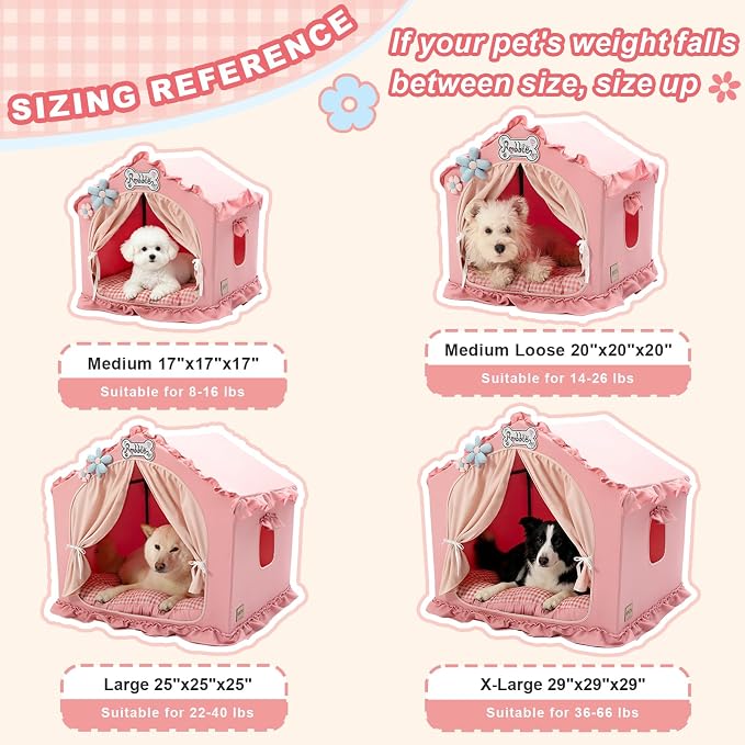 Indoor Dog House with Frame, Cute Dog Tent Bed with Cover Cave | Breathable, Washable, and Foldable House, Suitable for 14-26 Lb Puppy and Cats, Medium (20"×20"×20"), Pink