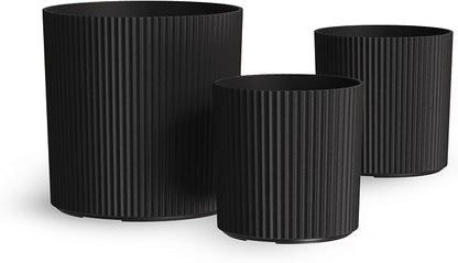 Mayne Haven Set of 3 (10in, 12in, and 14in) Fluted Planter, Round Planters for Outdoor Plants, Lightweight Concrete Look Plant Pots for Porch, Patio, Garden and Entryway Décor, Black