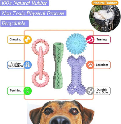 4 Pack Puppy Toys for 2-8 Months Pets Dog Chew Toy for Small Puppies Teething Toys for Cleaning Teeth Food Dispensing Soft Durable Rubber Bone Funny Ball Interactive Donut Treat Dumbbell (Mix Color)