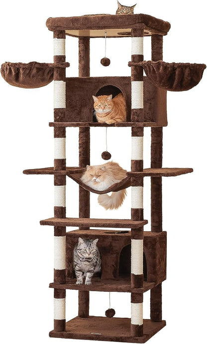 MWPO Extra Large Cat Tree, 77.6-Inch Tall Cat Tower for Indoor Cats with 2 Condos, Multi-Level Cat Stand for Large Cats, 3 Hammocks, Wide Perch, Scratching Posts, Dangling Toys, Brown