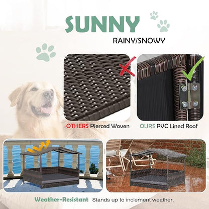 Wicker Dog Bed House, Indoor Outdoor HDPE Rattan Dog Houses, Raised Dog Cot Pet House, Elevated Pets Sofa w/Washable Cover, Waterproof Roof Shelter, Removable Cushion Lounge