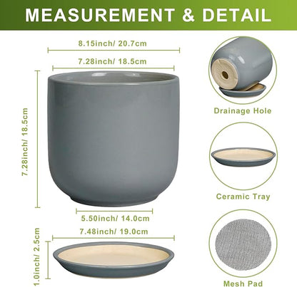 Ceramic Planter for Indoor Outdoor Plants - Cylinder Decorative 8 Inch Plant Pot with Drainage Hole and Saucer, Modern Home Decor, Gray