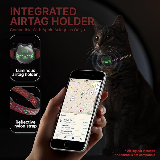 typecase Waterproof Airtag Cat Collar, Breakaway, Reflective Fish Pattern, Lightweight, Hidden Airtag Holder, GPS Tracker - Cats, Kittens (9-13")