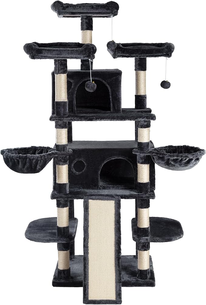 SHA CERLIN 68 Inches Multi-Level Large Cat Tree for Large Kitties/Big Cat Tower with Condo/Cozy Plush ‌Pussycat Perches/Sisal Scratching Posts and Hammocks/Activity Center/Dark Grey