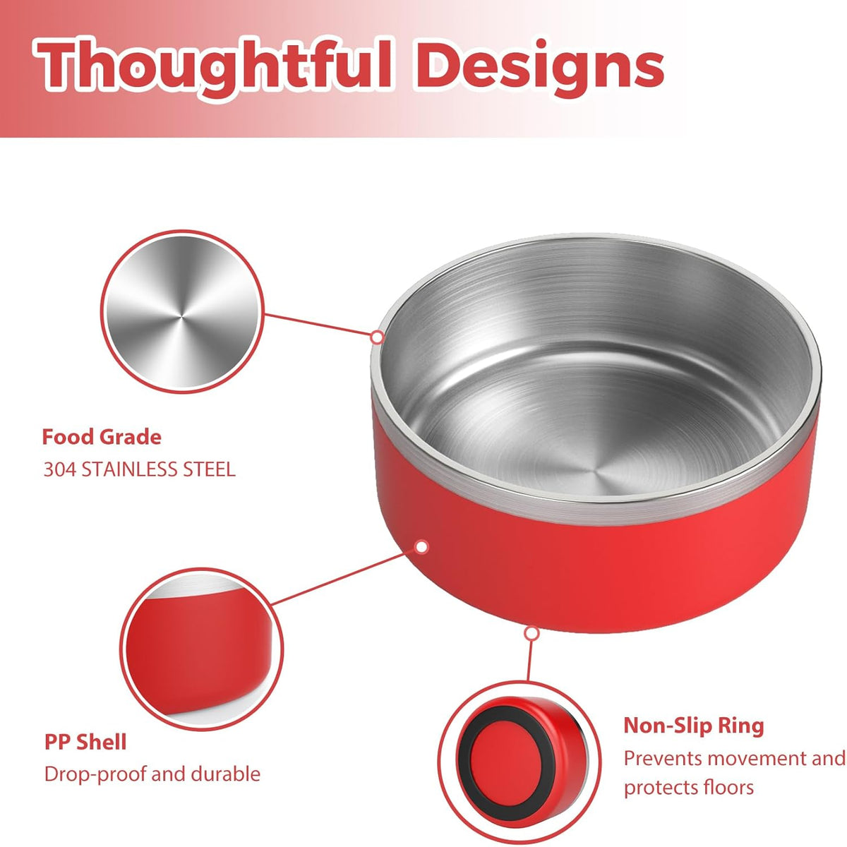 Stainless Steel Dog Bowl, Metal Water and Food Dish for Large Dogs, Insulated Non-Slip Pet Bowl, Easy Clean, 40oz, Red