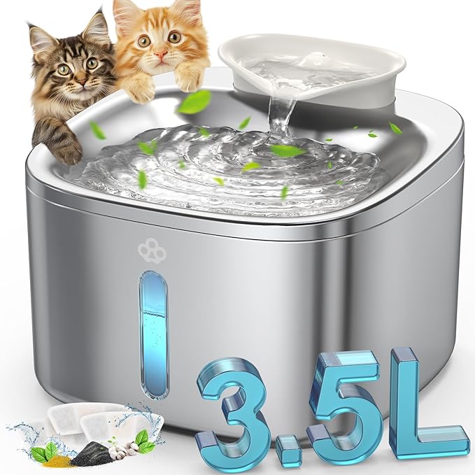 oneisall Stainless Steel Cat Water Fountain, 3.5L/118fl oz Automatic Pet Drinking Fountains for Cats Indoor, Quiet Running Cat Waterer Fountains(PW03 Cat Fountain +3 Sets Filters)